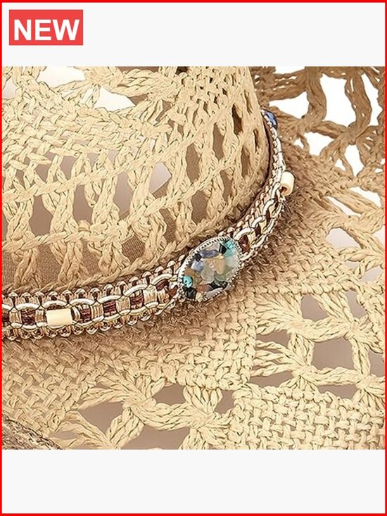 Straw Cowboy Hat with Two Decorative Bands, Breathable Handmade Sun Hat main image 4